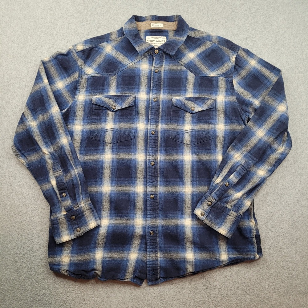 Cody James Western Flannel Shirt Mens Large Blue Plaid Pearl Snap Regular Fit